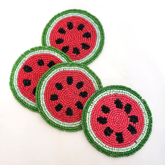 NEW!! (4) Watermelon Beaded 4" Round Red Summer Coasters, Set of 4 - Picture 6 of 6